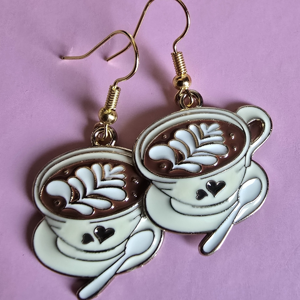 Coffee Cup Art Earrings 18k Gold Plated Nickel Free Hooks
